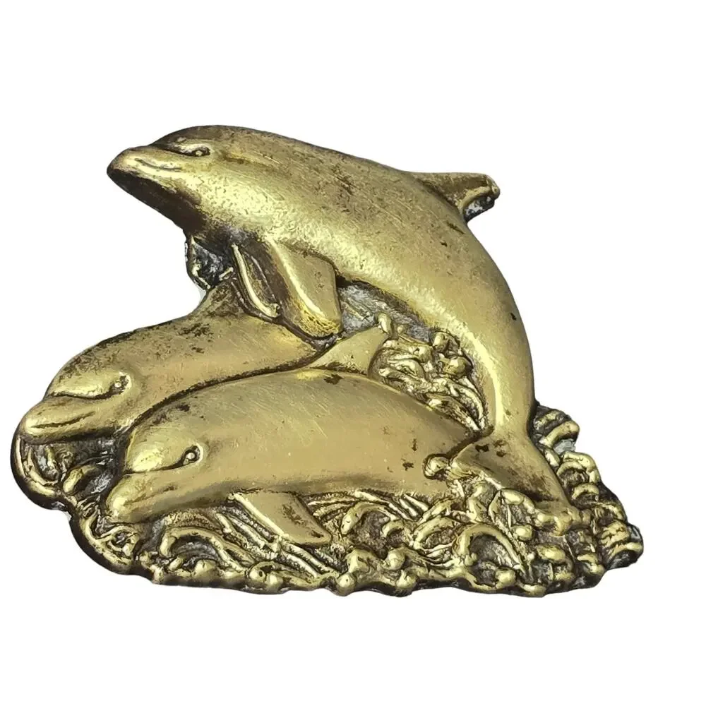 Vintage Pot Metal Brass Stone Cut Out Pod of Three Dolphins Swimming Belt Buckle